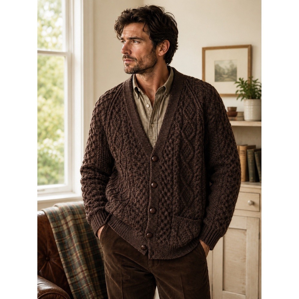 Vintage Tivoli HandKnit Fisherman Aran Cable Knit Cardigan Sweater Brown Sz XXL